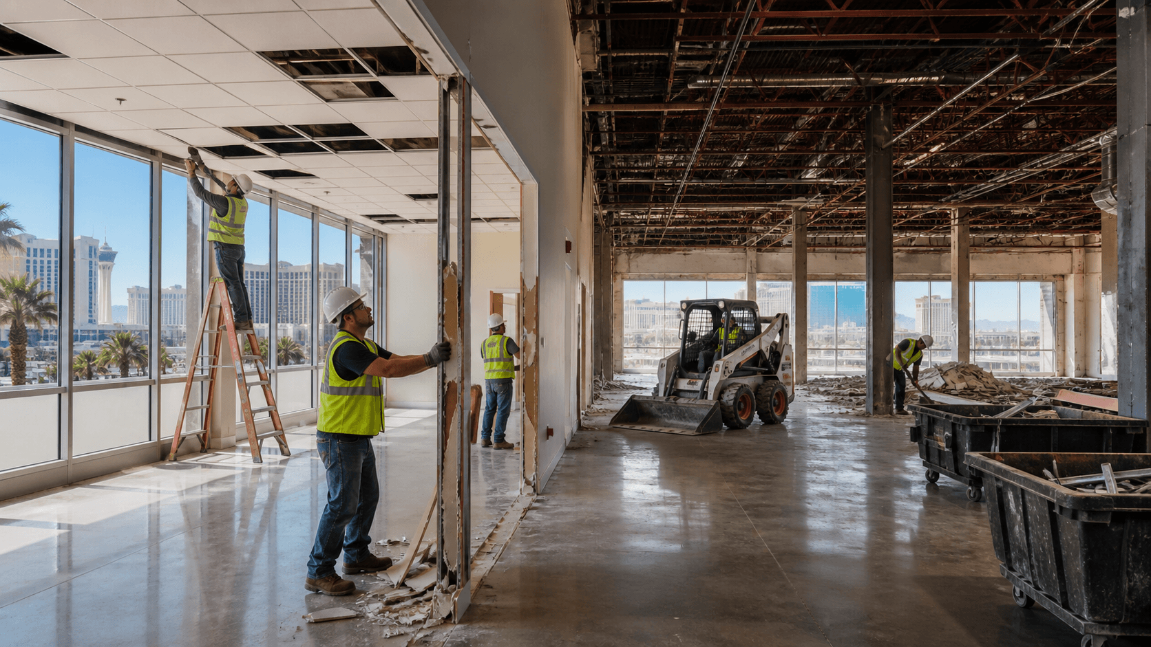 Split view of a Vegas commercial space showing selective interior teardown beside a fully demolished room.