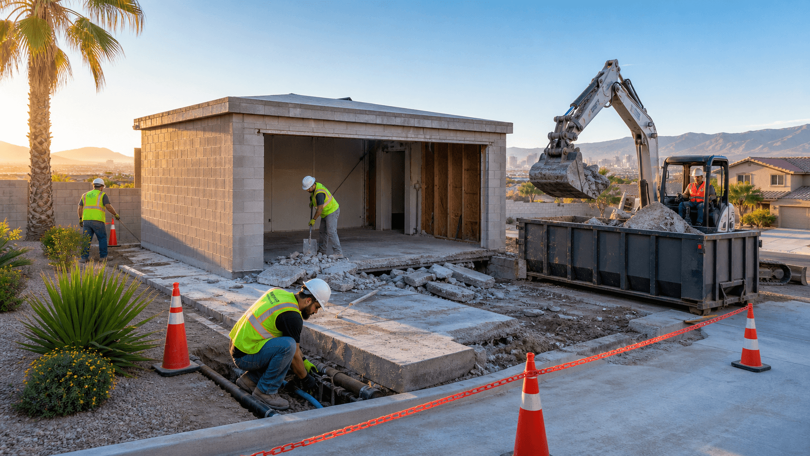 Partially demolished garage with rubble, exposed framing, and a yellow excavator under bright desert sunlight.