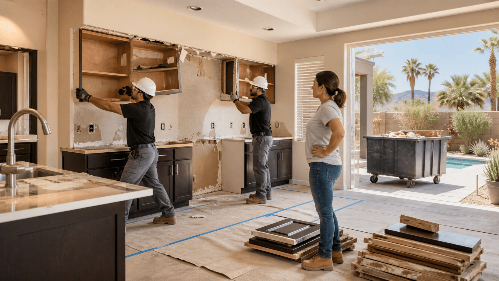 Split-screen kitchen demolition with worker tools on one side and a bright finished kitchen on the other.
