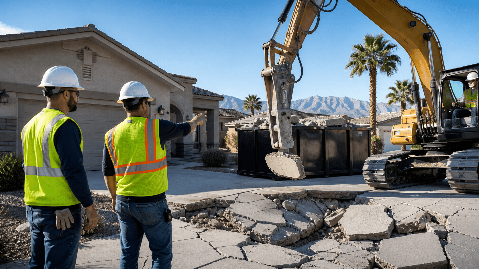Cracked concrete driveway with deep fissures and broken edges in bright Las Vegas sunlight.