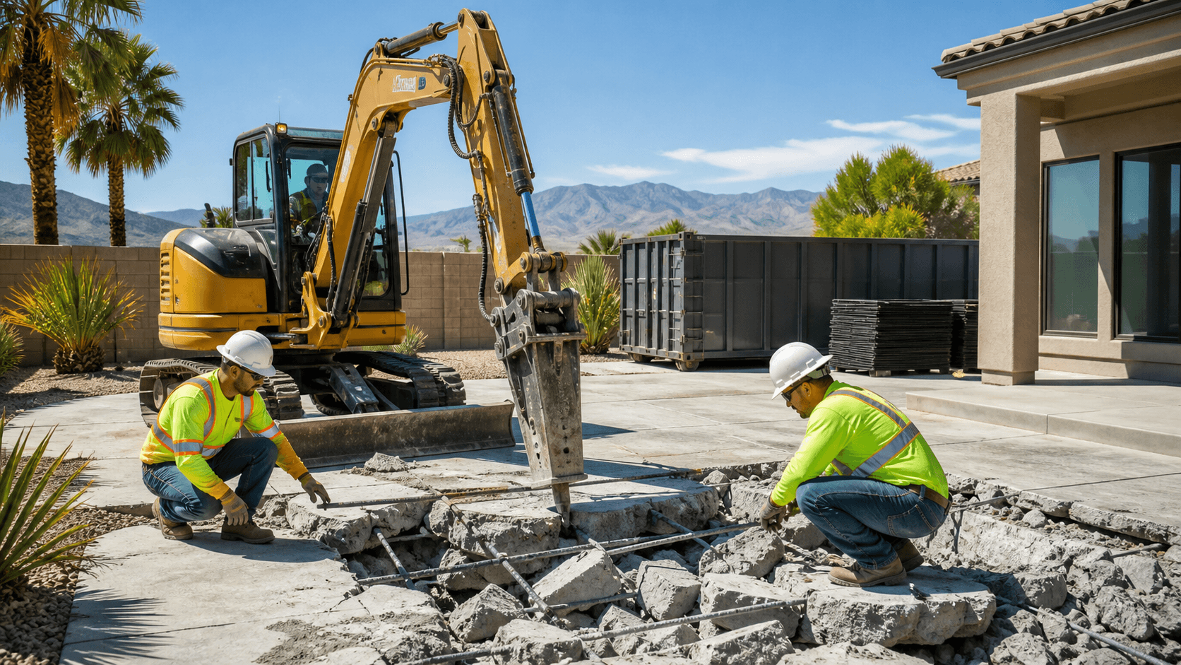Excavator breaking a sunlit concrete slab beside a desert construction site in Las Vegas