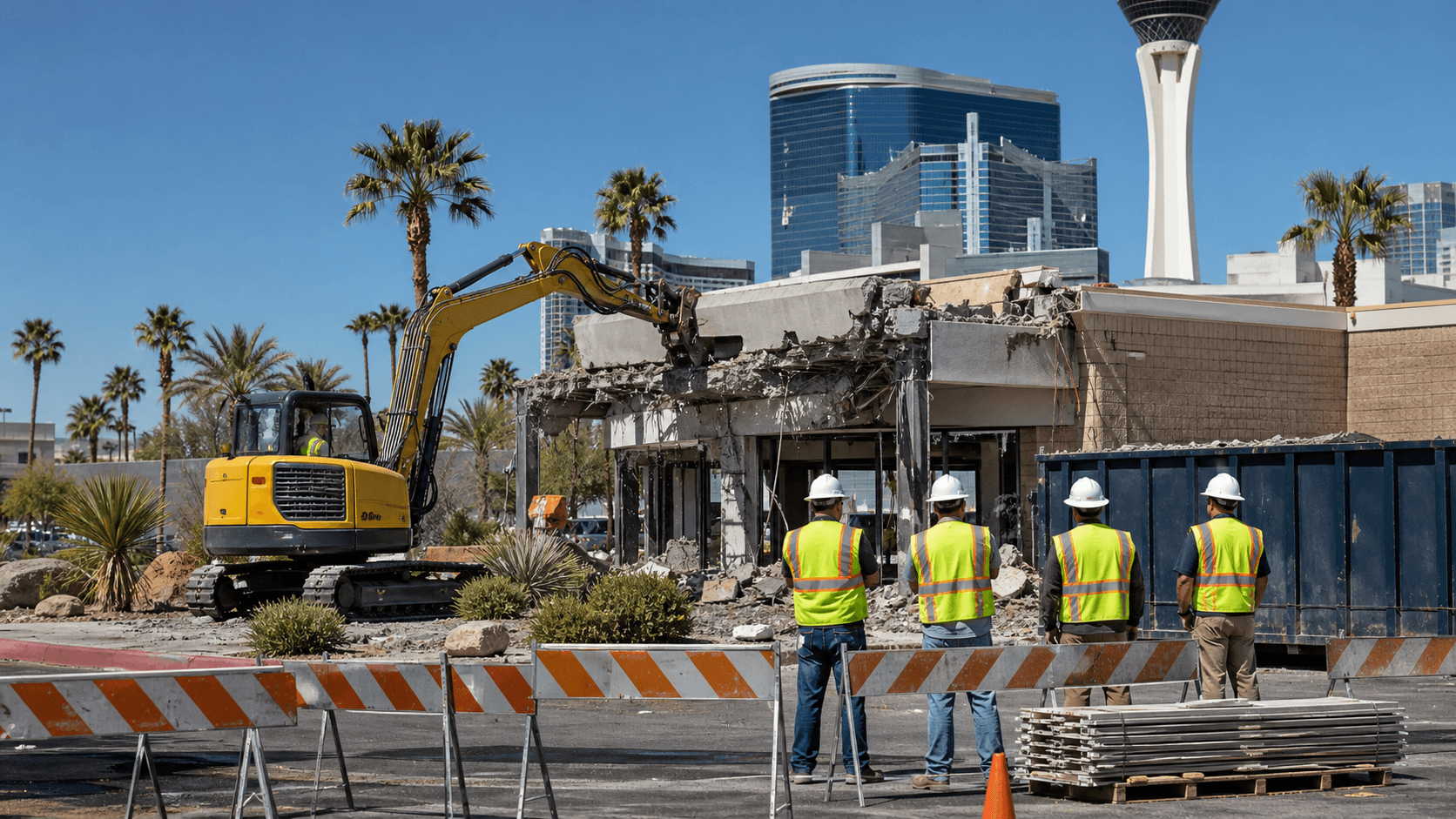 Excavators demolish a damaged building at dusk, with Las Vegas skyline lights glowing behind dust clouds.
