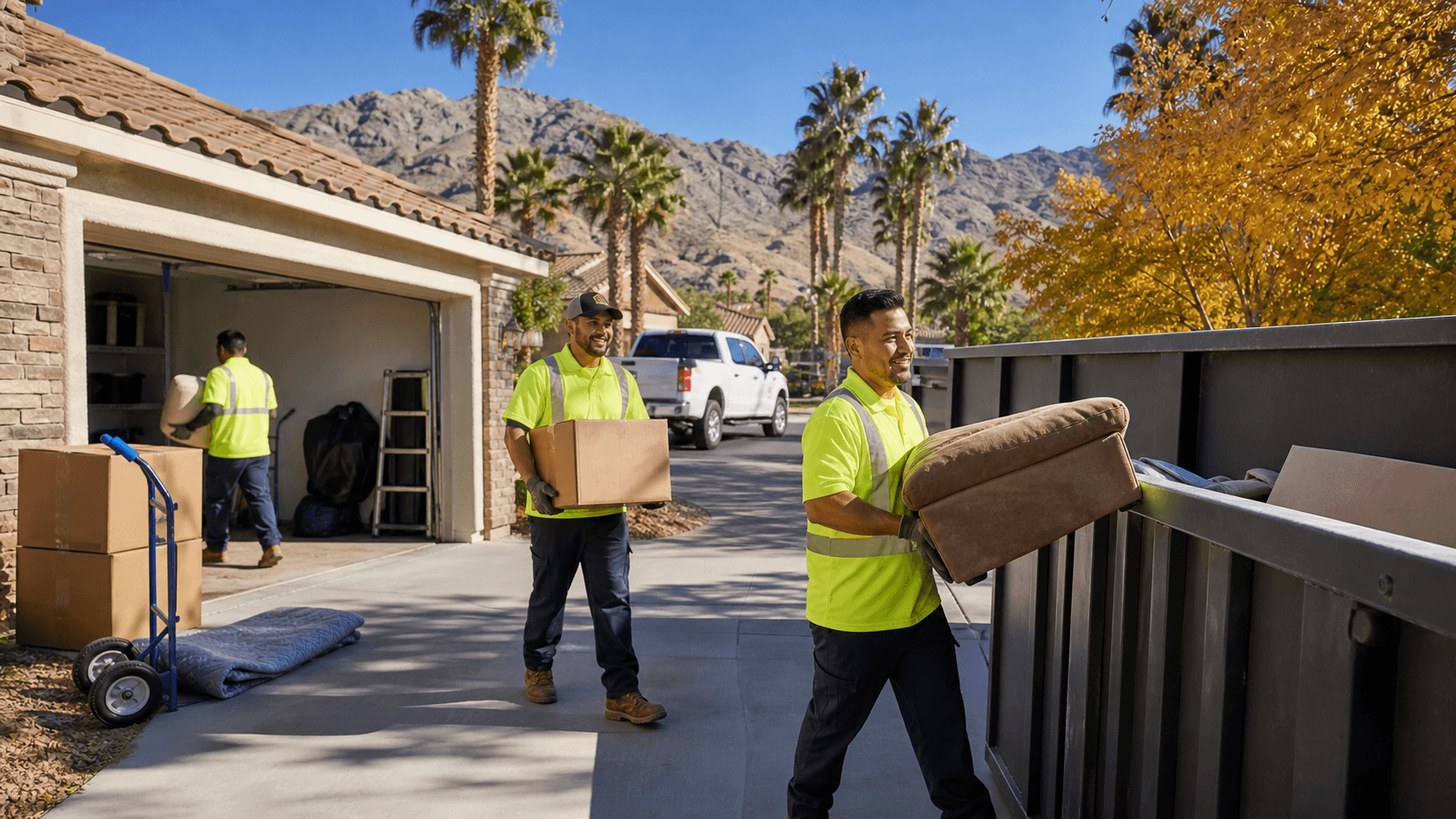 Autumn leaves frame a tidy suburban home with packed boxes and furniture set out for removal.